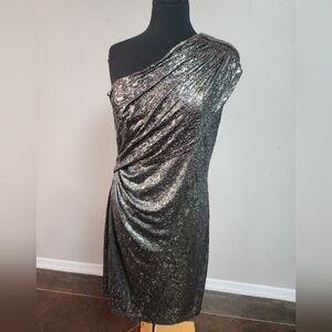 David Meister One-Shoulder Metallic Cocktail Dress | Size 14
